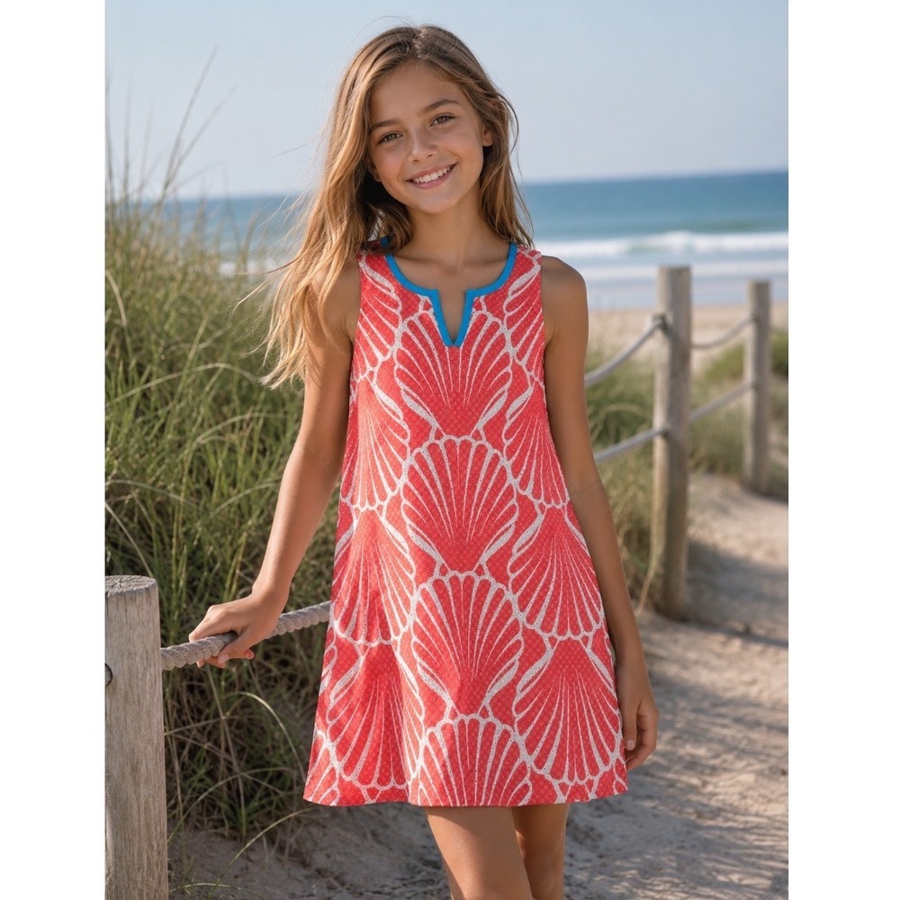 Crown & Ivy Girls Coral Pink White Seashell Eyelet Shift Dress Blue Trim Size 14